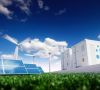 3D-Grafik auf grüner Wiese stehen Solarzellen Windräder und Wasserstoff-Tanks vor blauem Himmel mit weißen Wolken