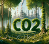 CO2-Schriftzug in einem Wald vor einem Chemiekomplex