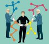 Zeichnung der Chemie-Nobelpreisträger  Bertozzi, Meldal und Sharpless mit Klick-Molekülen